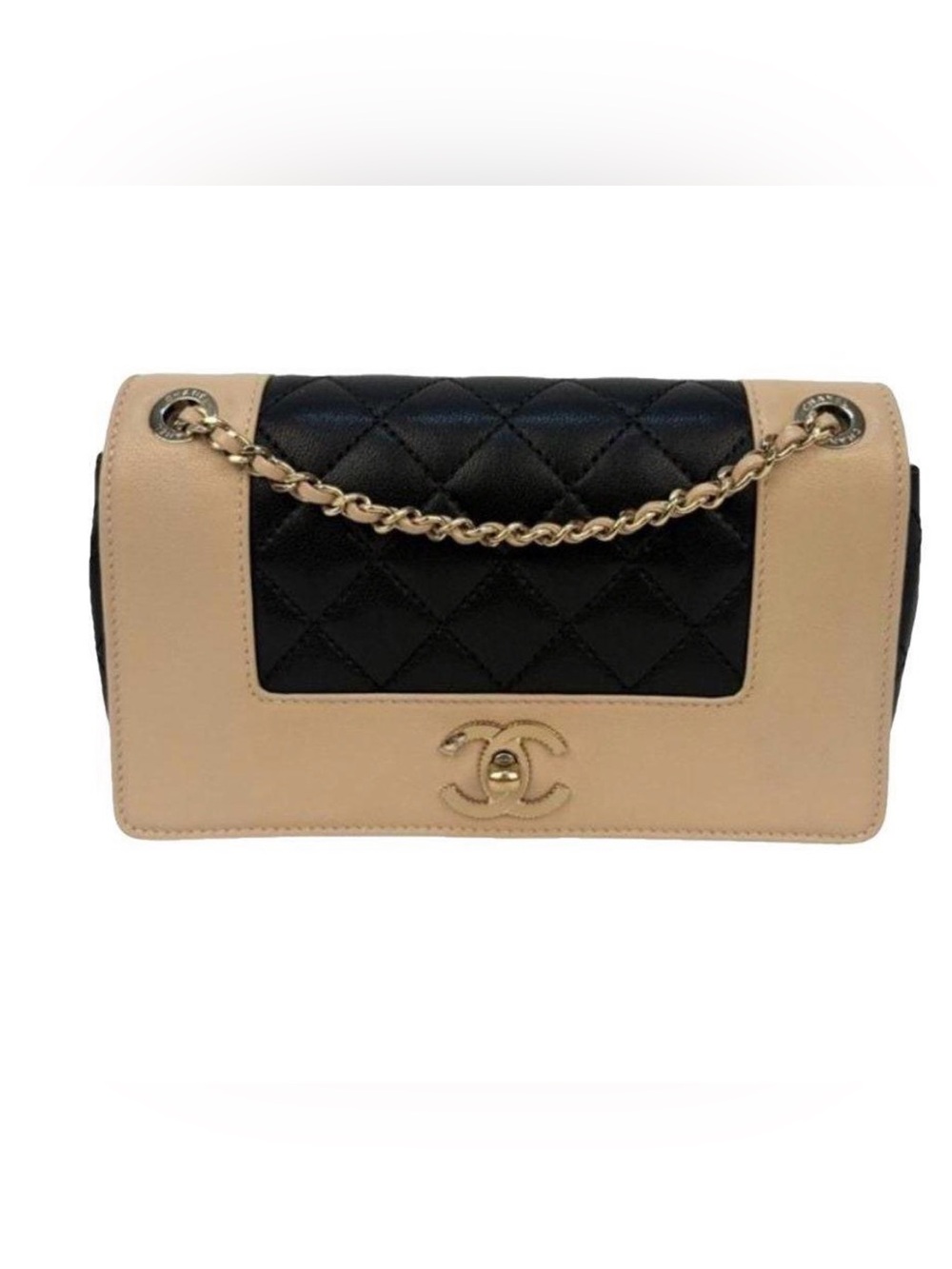 CHANEL Limited Edition Black and Beige Quilted Shoulder Bag with Gold Hardware